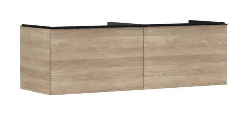 Waschtischunterschrank von Hansgrohe in Holzoptik mit zwei Schubkästen und schwarzem Oberteil, geeignet für einen Aufsatzwaschtisch.